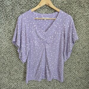 Chicos Top Womens 0 US Small Purple V Neck Ruched Short Sleeve Stretch Casual